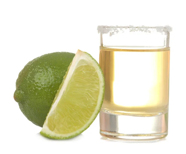 Tequila Oro Bicchiere Con Sale Lime Fondo Bianco Isolato Bevande — Foto Stock