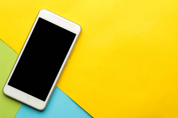 Smartphone Witte Telefoon Een Heldere Multi Gekleurde Achtergrond Bovenaanzicht Ruimte — Stockfoto