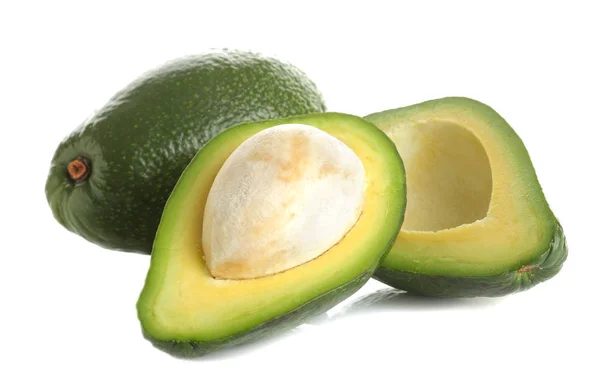 Verse Rijpe Smakelijke Avocado Witte Geïsoleerde Achtergrond Tropisch Fruit Close — Stockfoto