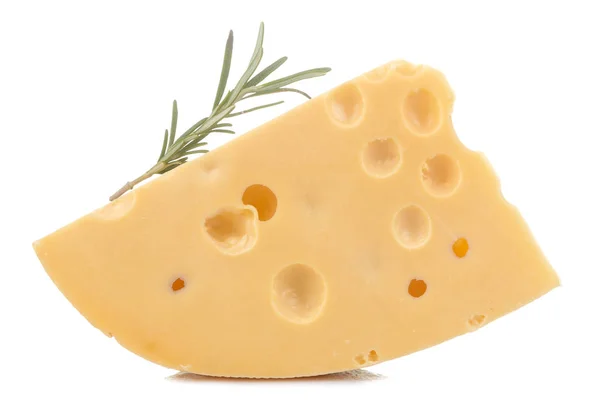 Een Stukje Smakelijke Maasdam Kaas Met Grote Gaatjes Een Takje — Stockfoto