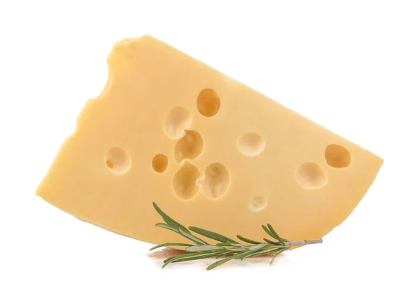 Slice Tasty Maasdam Cheese Large Holes Sprig Razmarin White Isolated — Stock Photo, Image