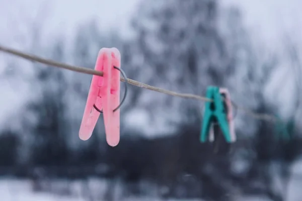 Plastic Pink Peg Hanging Laundry Line — Stock Photo, Image