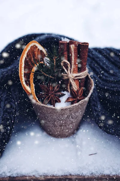 ホワイト バック グラウンドでコピー スペースと雪でホットワインのシナモン アニスの星と乾燥のオレンジを設定 — ストック写真