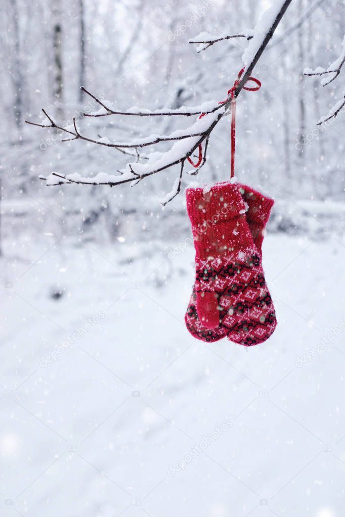 Christmas decoration with red mittens in winter snowy forest