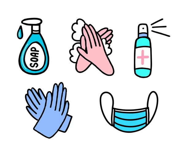 Middelen ter bescherming tegen het virus. Handreiniger, medisch masker, handschoenen en zeep. Vector illustratie in Doodle stijl — Stockvector