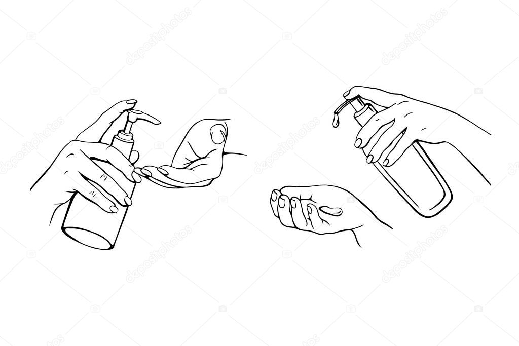 Disinfection of hands. Hand-drawn vector illustration. Alcohol gel bottle for cleaning and disinfection. Hand press disinfectant. Vector illustration
