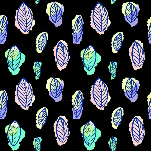 검은 배경에 있는 밝은 잎의 바다없는 패턴 . 식물적 인 잎 패턴. 반사기의 삽화. — 스톡 벡터