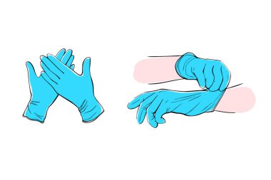 Tıbbi koruyucu eldivenler beyaz bir arka planda izole edilmiş. Lateks cerrahi eldivenler. Doodle tarzında elle çizilmiş vektör çizimi.