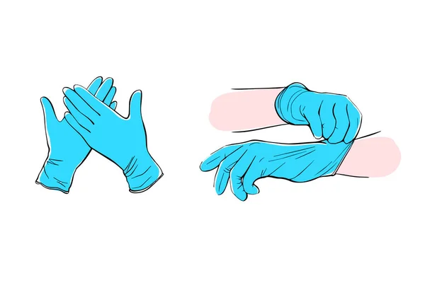 Guantes protectores médicos aislados en un fondo blanco.Guantes quirúrgicos de látex. Ilustración vectorial dibujada a mano en el estilo Doodle . — Archivo Imágenes Vectoriales