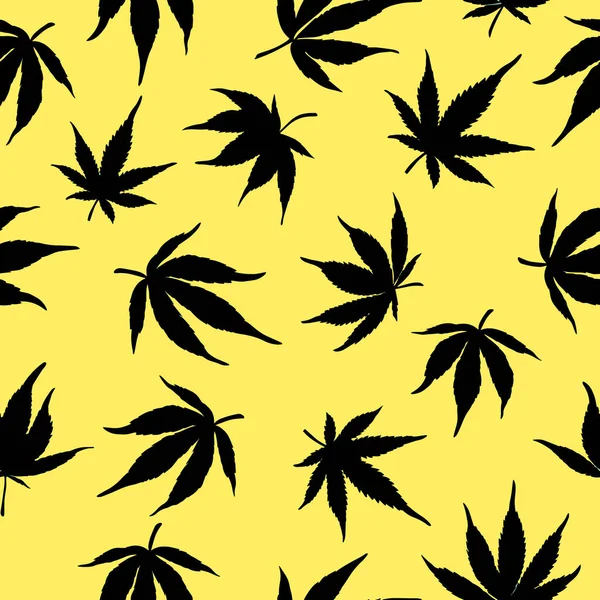 黒い大麻のシームレスなパターンは黄色の背景に残します 黄色の背景に黒い麻の葉 — ストックベクタ
