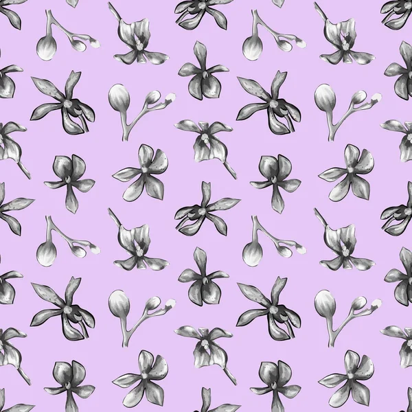 Seamless pattern of Orchid flowers on a purple background.Floral pattern on purple background.Botanical illustration