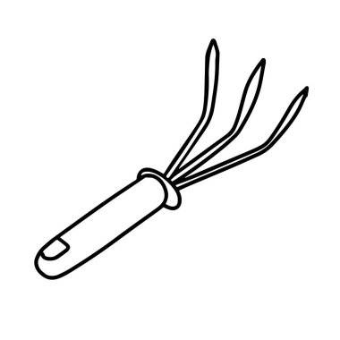 Bahçe tırmığı beyaz arka planda izole edilmiş. Bahçeye tırmıkla. Toprak ve bitki nakli için aletler. Doodle tarzı