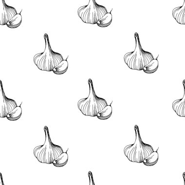 Beyaz arka planda kusursuz sarımsak deseni. Basit bir sarımsak deseni. El çizimi vektör çizimi.