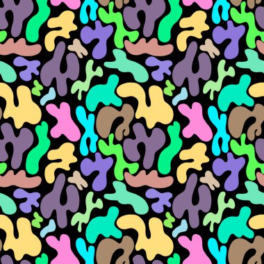 Siyah arkaplandaki renkli noktaların soyut deseni. Basit bir benek deseni. Daireler, ovalar. Soyut tarz, kumaş, tekstil, kağıt tasarımı. Vektör illüstrasyonu