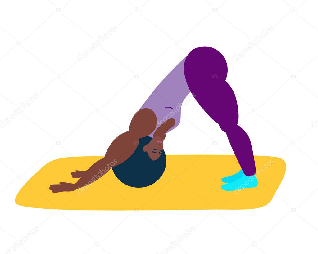  Sports girl performs the asana-the posture of the dog. A dark-skinned girl demonstrates the dog pose.An African-American woman does yoga.A healthy lifestyle, a spiritual practice.Vector illustration 