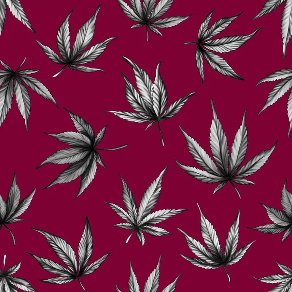 Bezešvé Vzor Šedého Konopí Černém Pozadí Marihuanový Vzor Červeném Pozadí — Stock fotografie