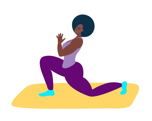 Black Girl Doing Yoga Athletic Girl Trains Home Gym Vector — Stock Vector