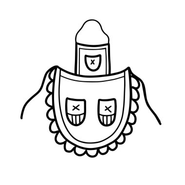 Geniş cepli bahçe önlüğü. Bahçede ya da sebze bahçesinde çalışmak için tekstil bahçıvanı ceketi. Doodle biçiminde vektör illüstrasyonu