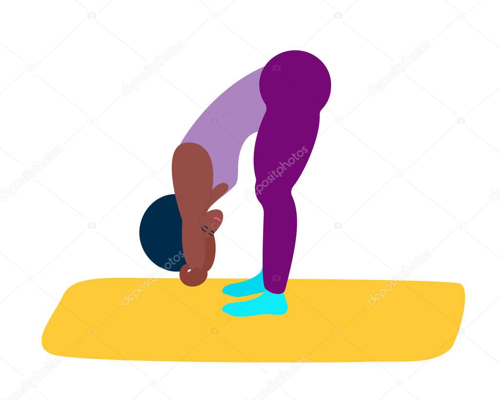 A woman with black skin does yoga. A sporty black girl demonstrates a yoga pose-a rag doll. vector illustration in flat style.Healthy lifestyle, spiritual practice