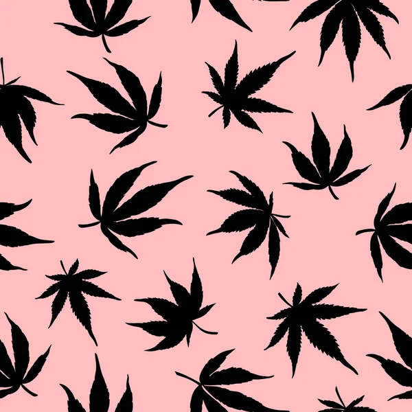 Patrón Sin Costuras Marihuana Negra Sobre Fondo Rosado Hojas Cáñamo — Vector de stock