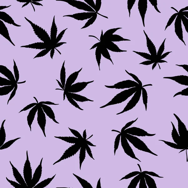 紫罗兰色背景上的无缝隙的黑大麻图案 紫罗兰色背景上的黑大麻叶 大麻的格局 矢量说明 — 图库矢量图片