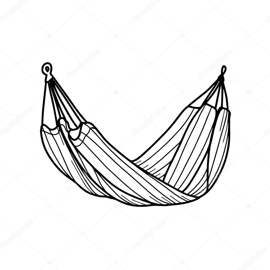 Tourist hammock for recreation. Hammock for outdoor recreation.Portable hammock isolated on a white background. Vector illustration in Doodle style