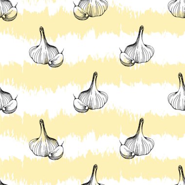  Sarı ve beyaz çizgili arka planda kusursuz sarımsak deseni. Basit bir sarımsak deseni. Vektör illüstrasyonu