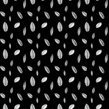  Yapraklı siyah beyaz desenli. İskandinav tarzında kusursuz botanik deseni. Siyah arka planda beyaz. Yaprak deseni. Vektör illüstrasyonu