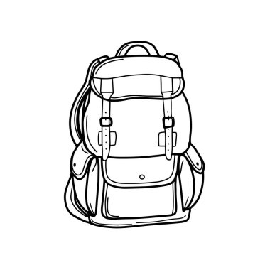 Seyahat ve yürüyüş için turist çantası. Ulaşım için bavul. Okul çantası ya da sırt çantası. Doodle biçiminde vektör illüstrasyonu