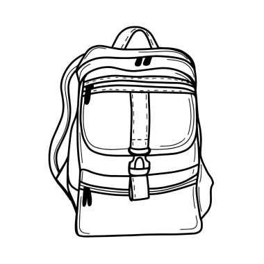 Seyahat ve yürüyüş için turist çantası. Ulaşım için bavul. Okul çantası ya da sırt çantası. Doodle biçiminde vektör illüstrasyonu