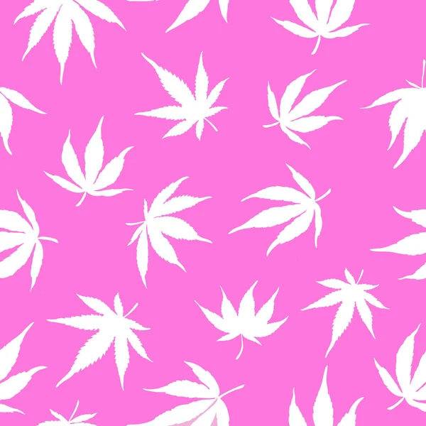 Pola mulus rami putih pada background.White daun rami merah muda pada latar belakang merah muda. Pola ganja. Ilustrasi vektor. - Stok Vektor