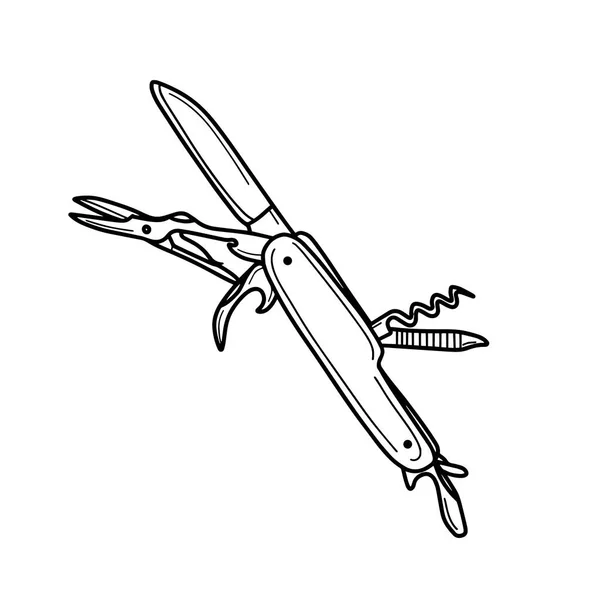 Cuchillo de camping plegable multiusos. Cuchillo portátil con tijeras, destornillador, lima. Ilustración vectorial en el estilo Doodle — Vector de stock