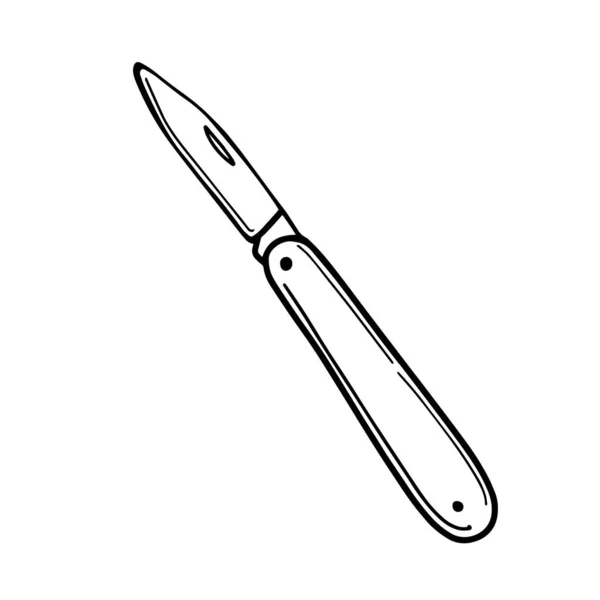 Cuchillo plegable Bolsillo de senderismo. Cuchillo turístico portátil con una cuchilla afilada para viajar. Ilustración vectorial en estilo Doodle — Vector de stock