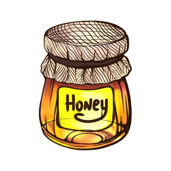 白い背景に隔離された蜂蜜の瓶 ハニー 免疫系の強化 落書き風の手描きイラスト — ストック写真
