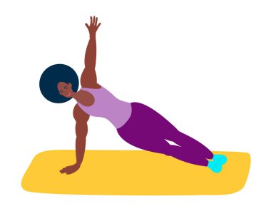 Siyah kız fitness ya da yogayla meşgul. Atletik bir Afro-Amerikalı kadın yoga yapar. Sağlıklı yaşam tarzı, vücudun sağlığıyla ilgilenir.