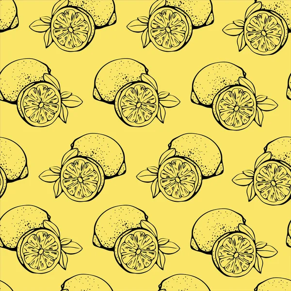 レモンとシームレスなパターン 全体とスライス 白い背景に孤立 柑橘類の背景 グラフィックスタイルの植物ベクトルイラスト テキスタイルプリントのための夏のデザイン — ストックベクタ