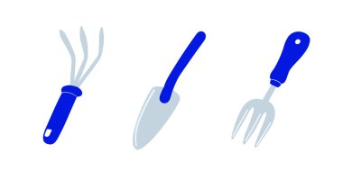  Bahçe aletleri, bir kürek ve bir tırmık. Toprak işleri için bahçe aletleri. Düz vektör illüstrasyonu 