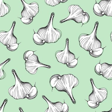 Yumuşak yeşil bir zeminde kusursuz sarımsak deseni. Sarımsak deseni. Sarımsak kafası çizilmiş vektör çizimi. Tekstil, baskı, kartpostallar, kağıt ürünleri için güzel bir tasarım.