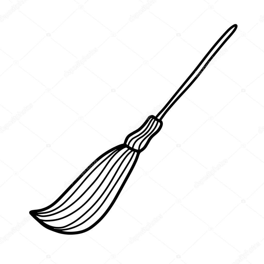 A witchs broom. Broom isolated on a white background.Design for Halloween. Vector illustration in Doodle style