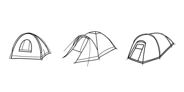 Set of tourist tents. Field equipment. Tent for Hiking, travel, recreation and mountaineering. Vector illustration in the Doodle style.