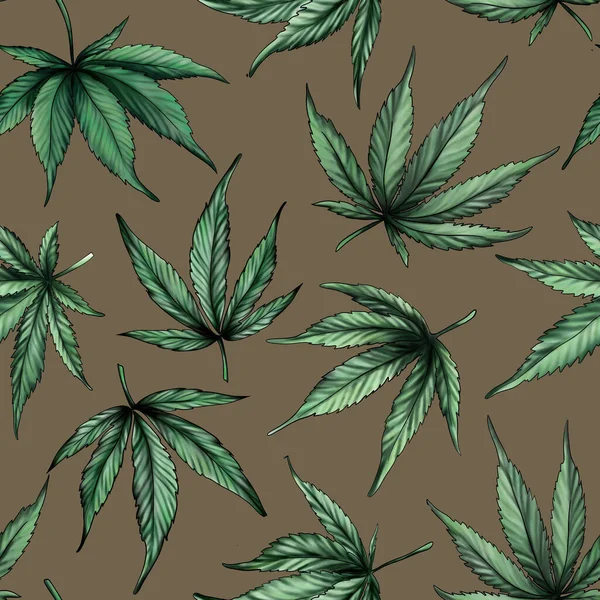 Sömlös cannabis mönster på en brun bakgrund. Höstmönster.Grön hampa löv. Botaniskt digitalt papper. Design för textil, tryck, papper — Stockfoto