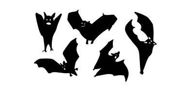 Yarasa koleksiyonu. Cadılar Bayramı için tasarlanmış. Siyah yarasa beyaz arka planda izole edilmiş. Yarasa silueti. Vektör illüstrasyonu