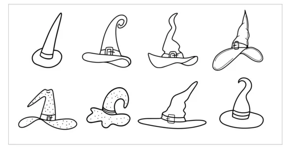 Cadılar Bayramı için şapka koleksiyonu. Beyaz arka planda izole edilmiş bir cadı şapkası. Cadılar Bayramı, partiler ve tatiller için tasarım. Doodle biçiminde vektör illüstrasyonu — Stok Vektör