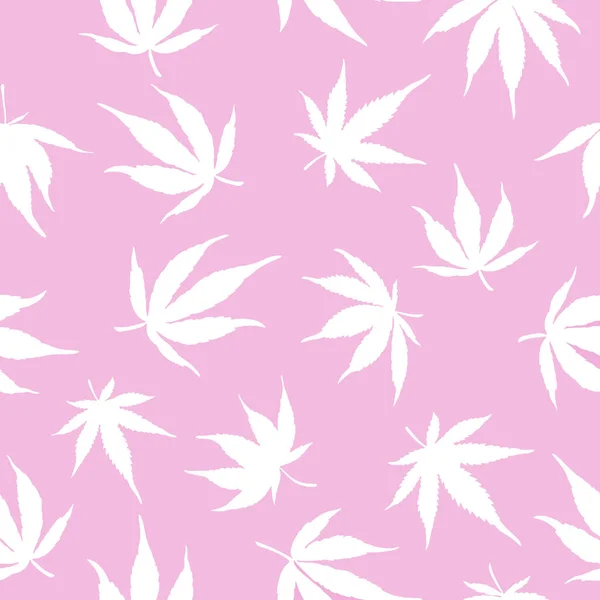 Patrón sin costura de cáñamo blanco sobre un fondo rosado. Hojas de cáñamo blanco sobre un fondo rosado. Patrón de marihuana — Archivo Imágenes Vectoriales