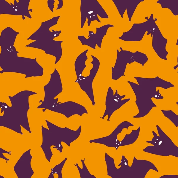 Padrão sem emenda de morcegos. Silhueta de morcegos roxos em um fundo laranja. Design para o Halloween. Ilustração plana vetorial —  Vetores de Stock