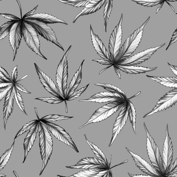 Nahtloses Muster von Cannabisblättern. Hanf auf grauem Hintergrund. Monochromes botanisches Ganji-Muster. Handgezeichnete Vektorillustration — Stockvektor