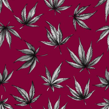  Kırmızı arka planda kusursuz siyah kenevir deseni. Kırmızı arkaplanda marihuana deseni. Tekstil için tasarlanmış, kağıt.
