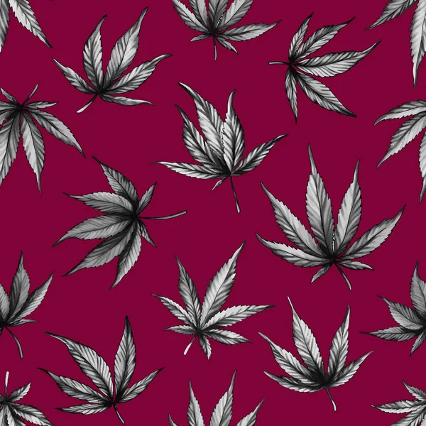 Bezešvé vzor černého konopí na červeném pozadí.Marihuana vzor na červeném pozadí.Design pro textil, papír — Stockový vektor