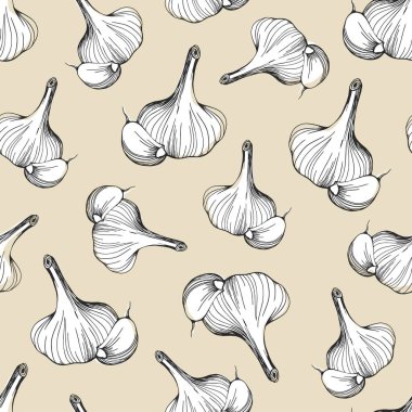  Bej arkaplanda kusursuz sarımsak deseni. Doodle tarzında basit bir sarımsak deseni..
