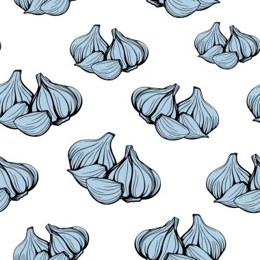 Beyaz bir arka planda kusursuz mavi sarımsak deseni. Parlak bir sarımsak deseni. Popüler sanatın moda sarımsak deseni. El çizimi vektör çizimi. Bir baş sarımsak.